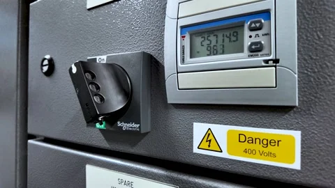 Industrial power control unit with circuit breaker switch and a digital energy Stock Footage 331017677