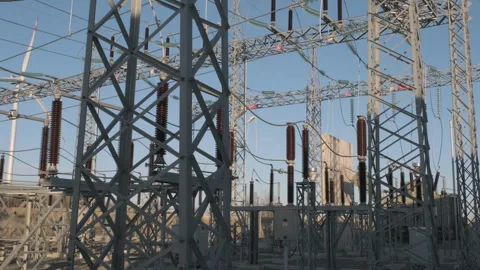 Industrial Power Substation with High Voltage Equipment Stock Footage 282927011