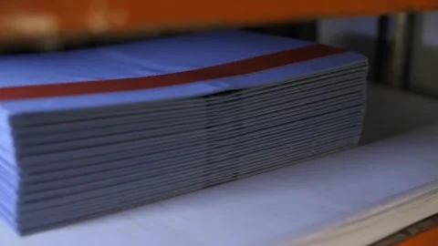 Industrial press aligns stack of sewing parts in workshop of factory. Stock Footage 313815372