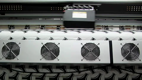 Industrial Printer and PVC Sheet with Soccer Ball Pattern At A Factory. 4K. Stock Footage 257632742