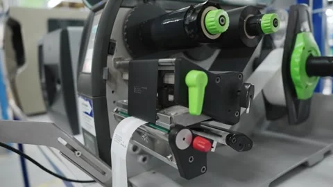 Industrial printer printing label within a manufacturing setting showcasing p Stock Footage 319503887