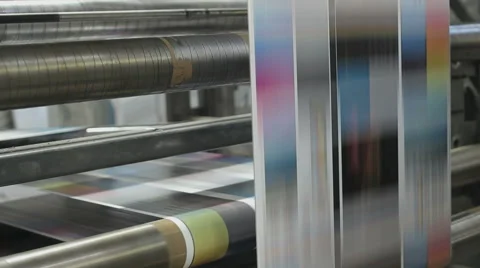 Industrial printing of leaflets and magazines at a rotary press factory Stock Footage