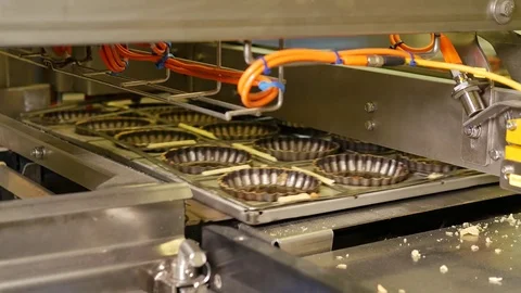 Industrial process of Empty pastry molds on a conveyor belt in a bakery factory Stock Footage 81711370