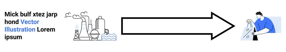 Industrial Process Flowchart with Large Arrow Pointing to Worker Analyzing Da Illustrazione stock