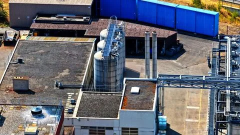 Industrial Process Tanks and Pipework at Modern Utility Facility Stock Photos