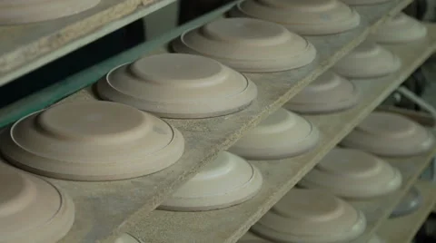 Industrial Production of Porcelain Tableware .Plaster Molds for Plates on the Stock Footage 62792333