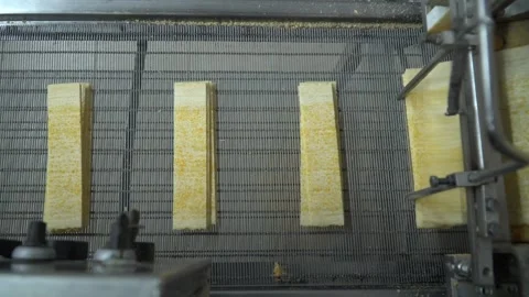 Industrial production of rectangular potato chips on factory conveyor Stock Footage 250311693
