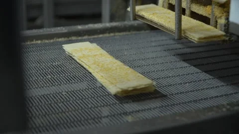 Industrial production of rectangular potato chips on factory conveyor Stock Footage 250311701
