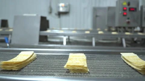 Industrial production of rectangular potato chips on factory conveyor Stock Footage 250312263
