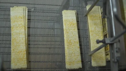 Industrial production of rectangular potato chips on factory conveyor Stock Footage 250312264