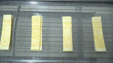 Industrial production of rectangular potato chips on factory conveyor Stock Footage 250312294