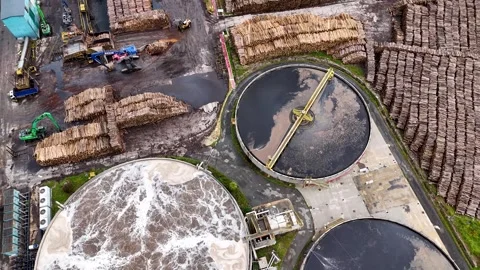 Industrial pulp and paper mill wastewater treatment plant Stock Footage 336367645