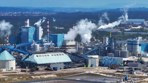 Industrial pulp and paper mill releasing smoke from chimneys Stock Footage 339674892