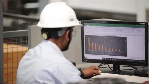 An industrial quality control engineer sits at a computer workstation in a Stock Footage 327854294