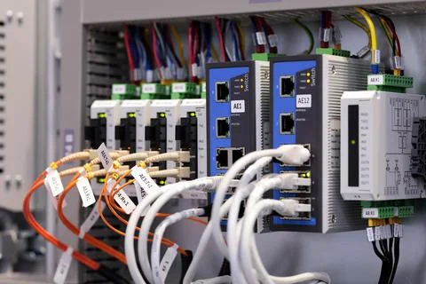 Industrial rack mounted network equipment close up Stock Photos