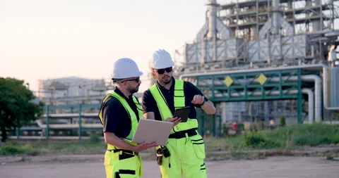 Industrial refinery supervisor pointing toward pipeline infrastructure while Stock Footage 341477419