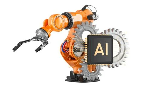 Industrial robot arm with AI microchip and gears, smart manufacturing and a.. Stock Illustration