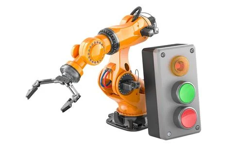 Industrial robot arm with control panel. 3D rendering Ilustración de archivo
