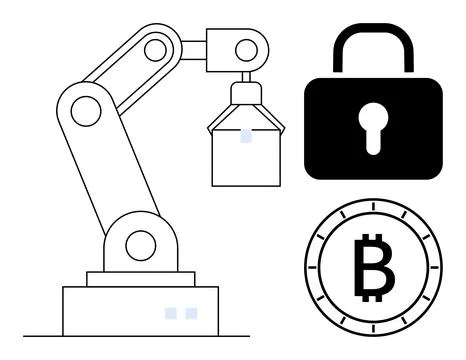 Industrial robot arm engaged in work, padlock symbolizing security, and Bitco Stock Illustration