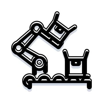 Industrial robot arm handling package on conveyor belt イラスト素材