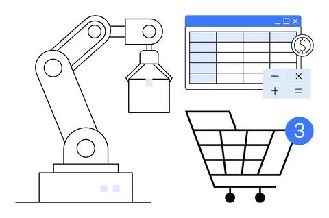 Industrial robot arm lifting object near spreadsheet interface, shopping cart 스톡 일러스트