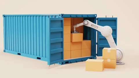 Industrial robot arm loading and unloading cardboard boxes into blue shippi.. Stock Footage 328334962