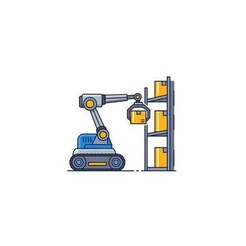 Industrial robot arm picking boxes from warehouse storage shelf illustration Stock Illustration