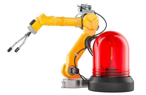 Industrial robot arm with red warning beacon. 3d rendering Stock Illustration