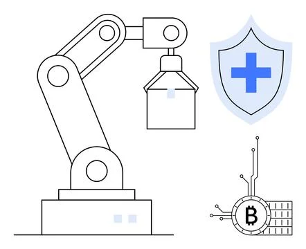 Industrial Robot Arm with Security Shield and Bitcoin Symbol 스톡 일러스트