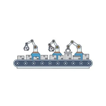 Industrial robot arm system sorting boxes on factory conveyor belt Stock Illustration