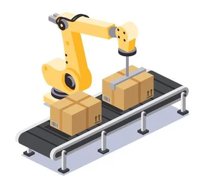 Industrial robot arm working with conveyor belt and cardboard boxes. Wareho.. Stock Illustration