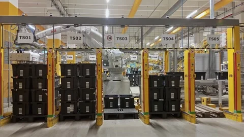 Industrial robot arms sort black totes in automated stations inside a Vidéo 333488586
