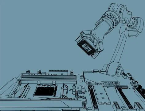 Industrial robot assemble a computer Illustrazione stock