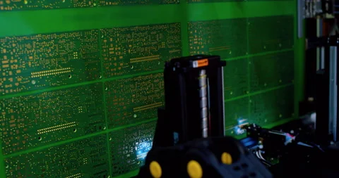 Industrial robot assembles an electronic board. Technological process Stock Footage 332854862