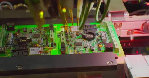Industrial robot assembles an electronic board.Technological process of Stock Footage 152717486
