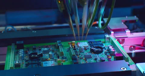 Industrial robot assembles an electronic board.Technological process of Stock Footage 152744246