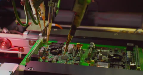 Industrial robot for electronics manufacturing makes a complex printed circuit Video stock 152716282