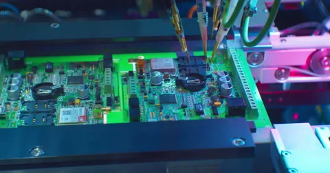 Industrial robot for electronics manufacturing makes a complex printed circuit Stock Footage 152719341