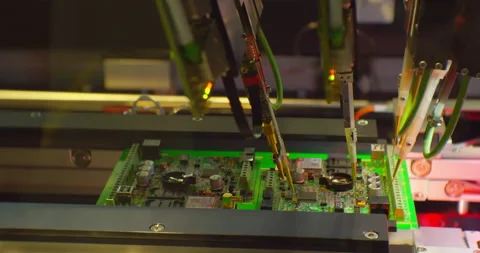 Industrial robot for electronics manufacturing makes a complex printed circuit Video stock 152786860