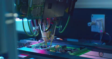 Industrial robot for electronics manufacturing makes a complex printed circuit Stock Footage 152790404