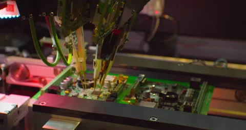 Industrial robot for electronics manufacturing makes a complex printed circuit Stock Footage 152792835