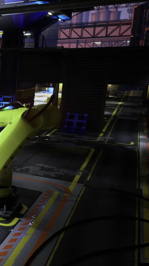 Industrial robot engaged in assembly work during nighttime operations Stock Footage 331832642