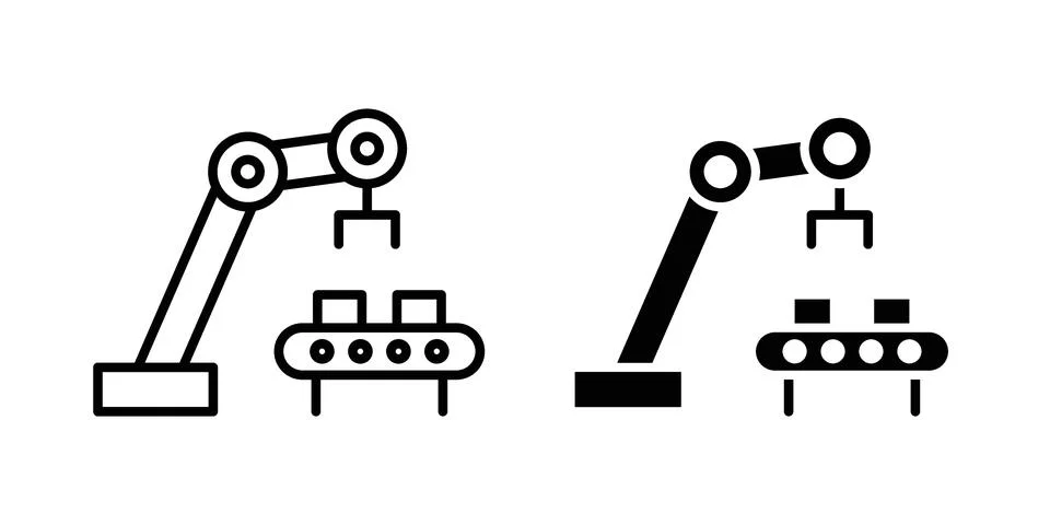 Industrial robot icon linear versions pack on white background Stock Illustration