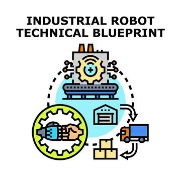 Industrial robot technical blueprint symbolizing manufacturing technology a.. Stock Illustration