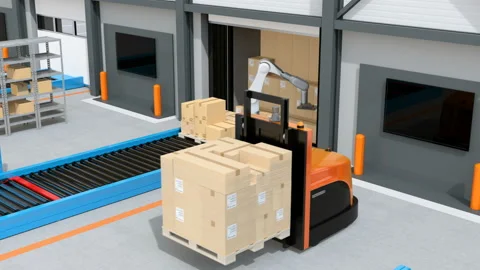 Industrial robot unloading parcels from semi truck Stock Footage 89063449