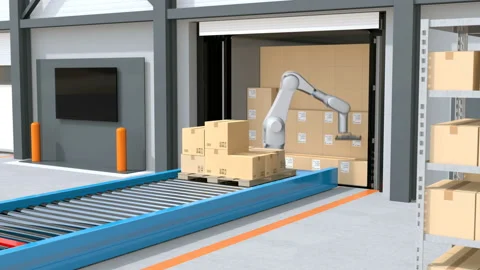 Industrial robot unloading parcels from semi truck Stock Footage 89063452