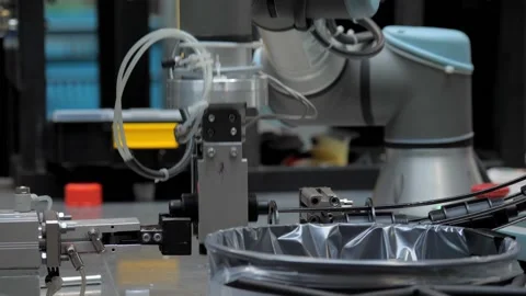 Industrial robot at work in the factory of plastic products. Stock Footage 139904391