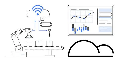 Industrial robotic arm assembling items on conveyor, cloud connectivity above Illustrazione stock