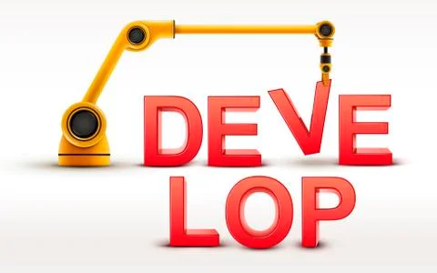 Industrial robotic arm building DEVELOP word Stock Illustration