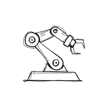 Industrial Robotic Arm with Claw on Base Hand Drawn Vector Stock Illustration